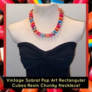 Vtg Sobral Pop Art Rectangular Cube Resin Necklace